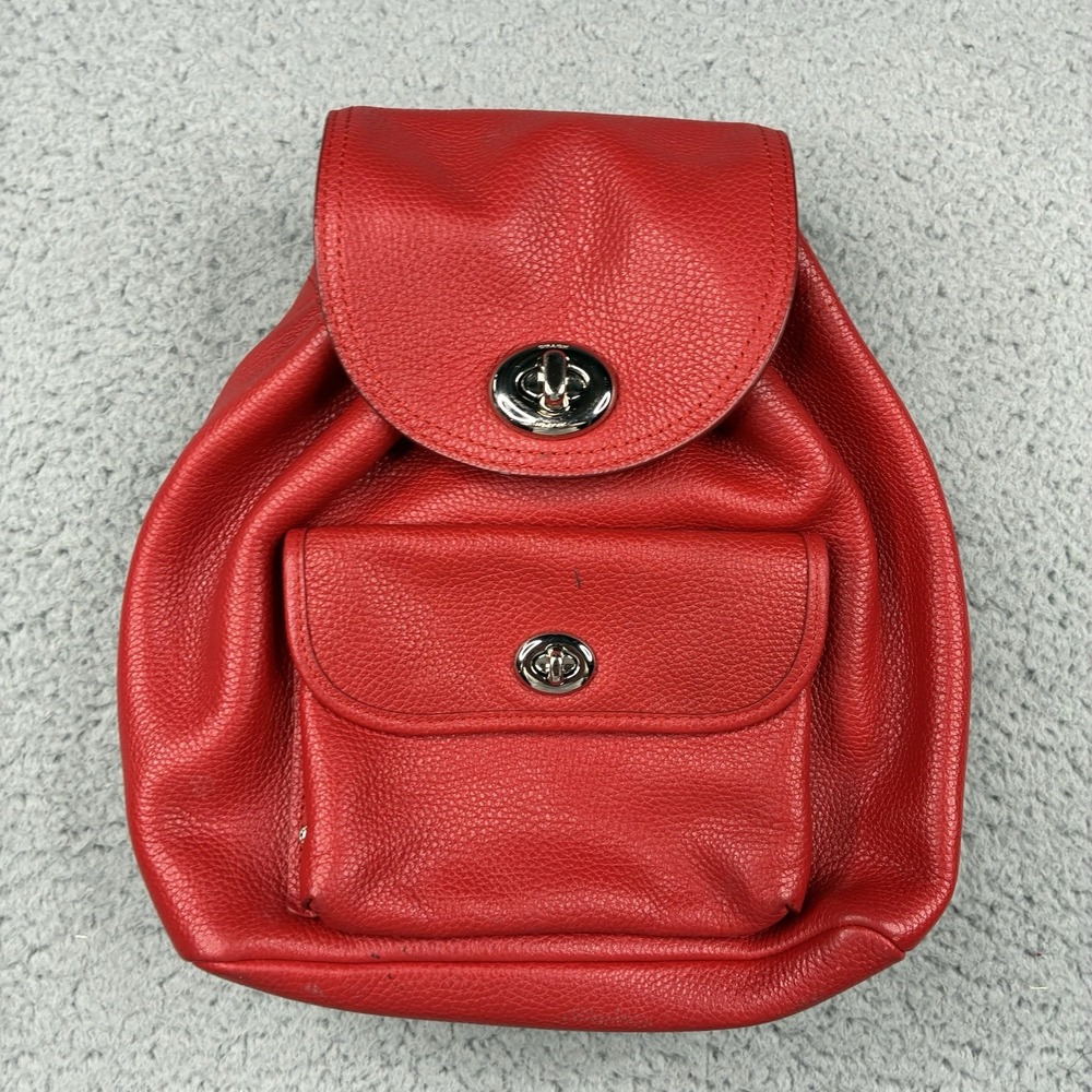 Coach Billie Mini Backpack Red Pebble Leather Drawstring Turn Lock Studs